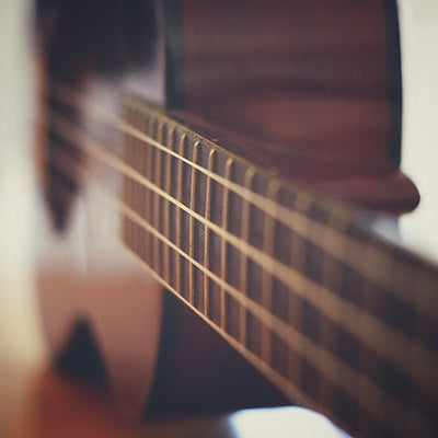 Nachaufnahme eines Ukulele-Griffbretts mit Saiten