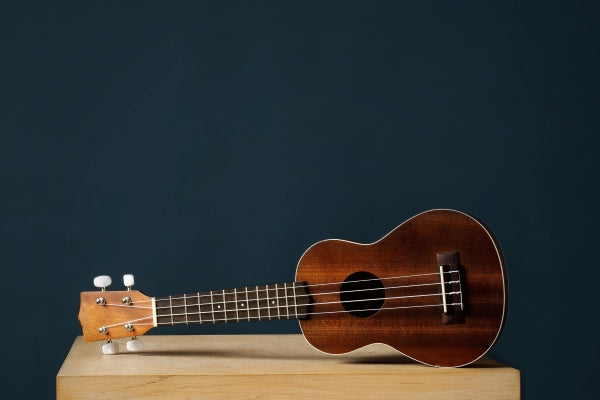 Ukulele vor blauem Hintergrund 