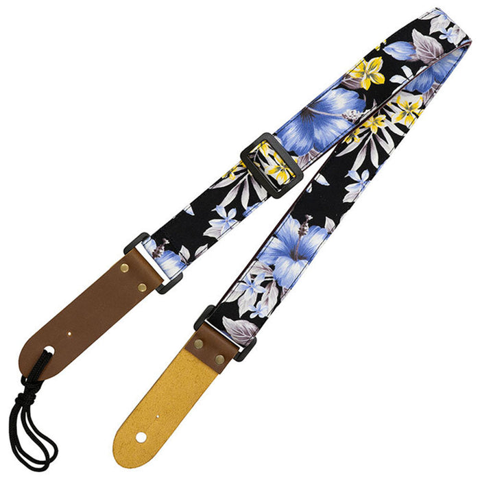 Aria Ukulele-Gurt mit Hibiskus-Dekor Schwarz mit blauen Blüten