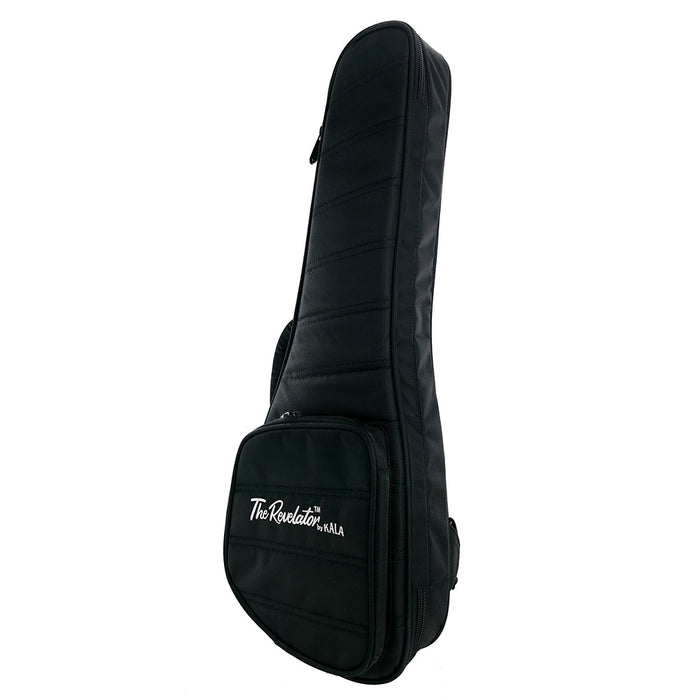 Seitliche Ansicht der schwarzen Gigbag mit "The Revelator by Kala"-Logo für die Kala Revelator Nautilus Horizon Tenor-Ukulele