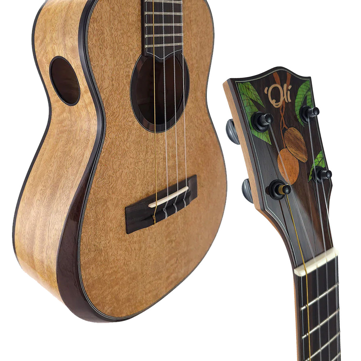 Ein Korpus mit Sound Port und Arm Rest einer Ukulele, daneben eine mit Mango-verzierte Kopfplatte