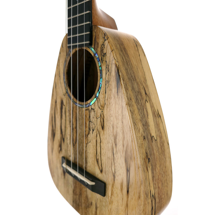 Seitliche Ansicht mit Nahaufnahme der Abalone-Rosette der Tiny Tenor Mango Ukulele von Romero Creations