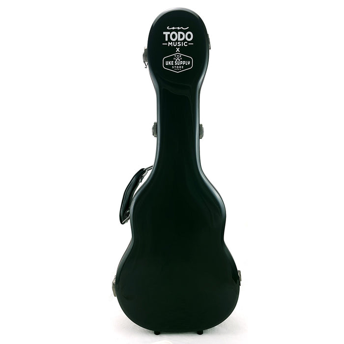 Vorderseite der schwarzen TODO x Uke Supply Fiberglas-Koffer für Ukulelle 