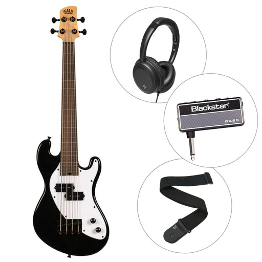 Bundle aus dem schwarzen Kala Solid Body UBASS  mit Kopfhörer, Blackstar Amp und Bassgurt