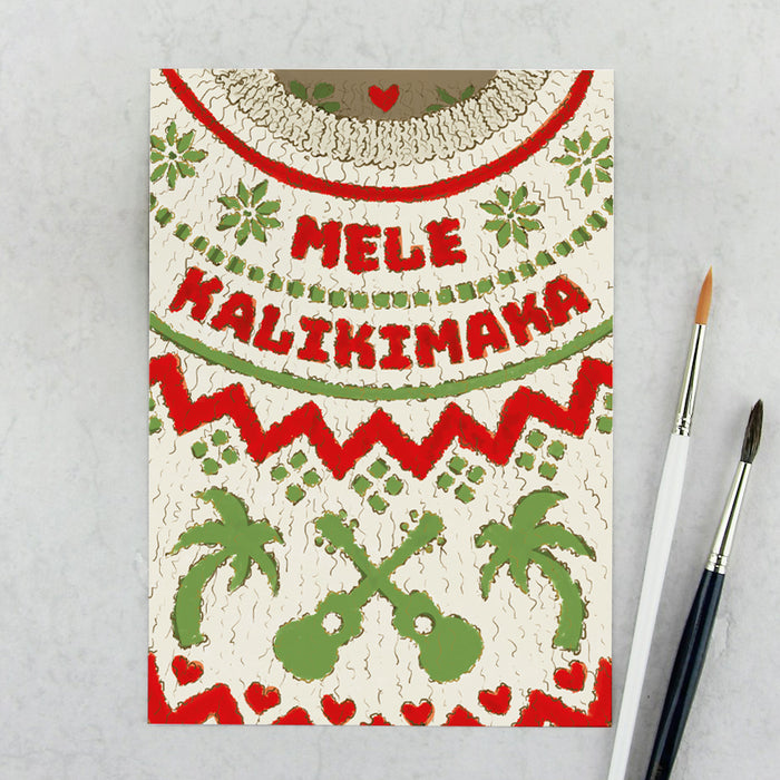 Weihnachtskarte im Ugly Sweater Stil mit Ukulele und Schritzug  Mele Kalikimaka