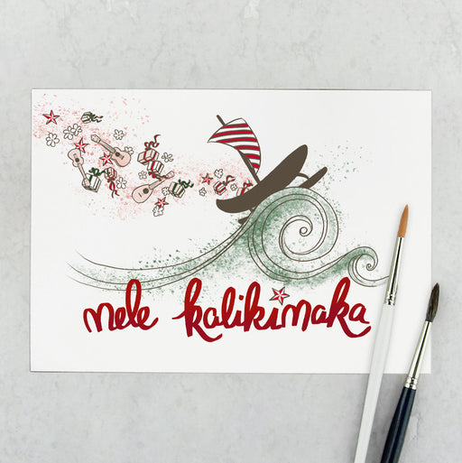 Weihnachtskarte mit hawaiianischem Outrigger von dem bei starkem Wellengang Ukulelen und Geschenke in die Luft fliegen, darunter der Schritzug Mele Kalikimaka 