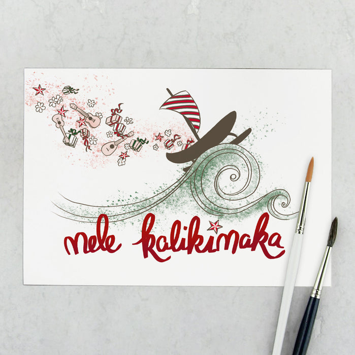 Weihnachtskarte mit hawaiianischem Outrigger von dem bei starkem Wellengang Ukulelen und Geschenke in die Luft fliegen, darunter der Schritzug Mele Kalikimaka 