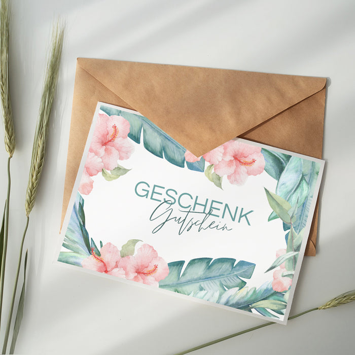 Ansicht des gefalteten Geschenk-Gutscheins mit braunem Umschlag